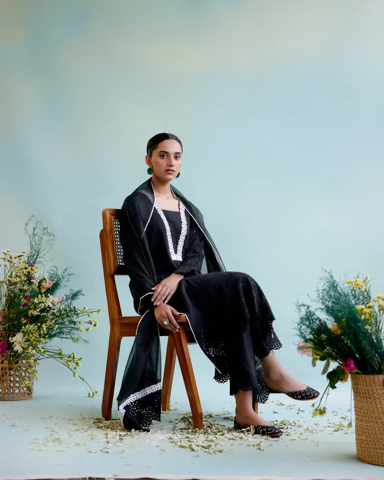 Black Blossom Kurta in Cotton Dobby with Lace Detaling and Scallop Sleeves