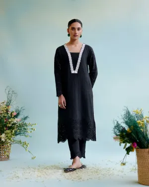 Black Blossom Kurta in Cotton Dobby with Lace Detaling and Scallop Sleeves
