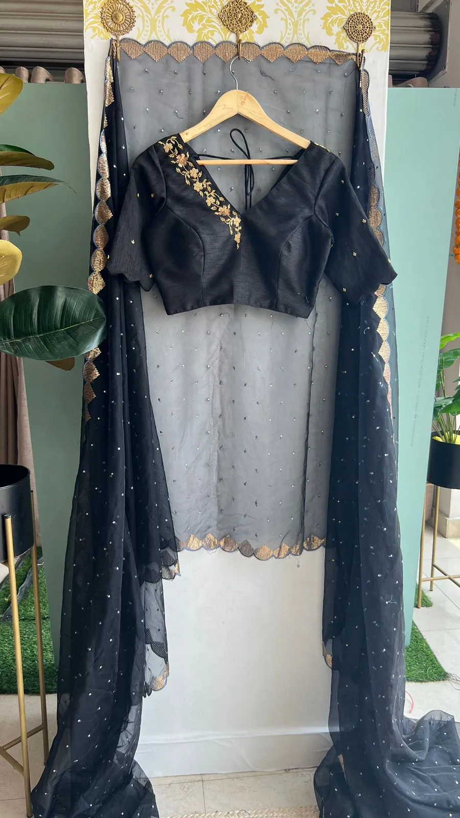 Black silk V neck hand worked blouse