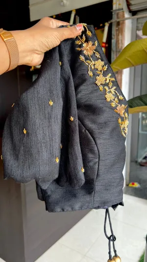 Black silk V neck hand worked blouse