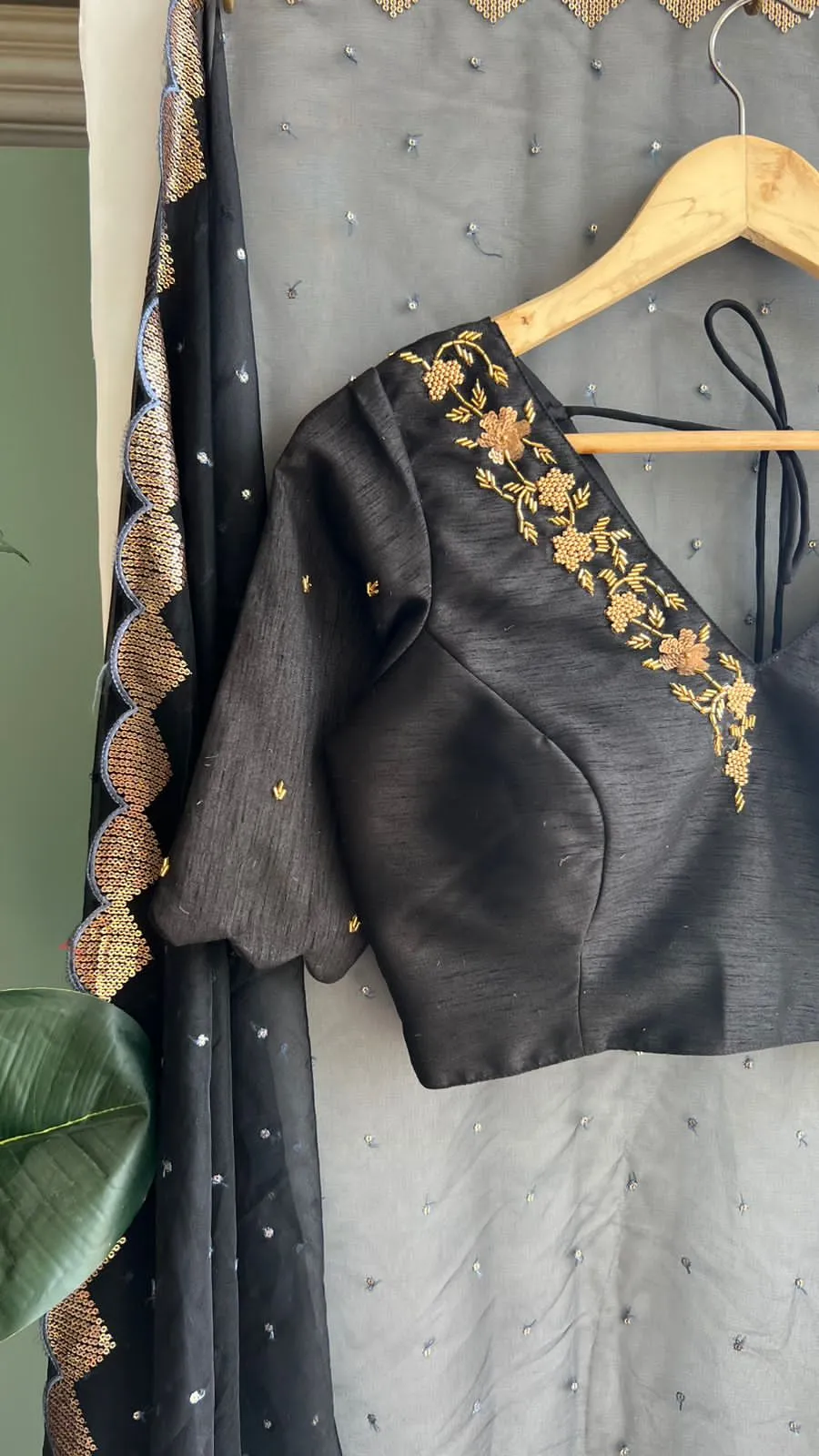 Black silk V neck hand worked blouse