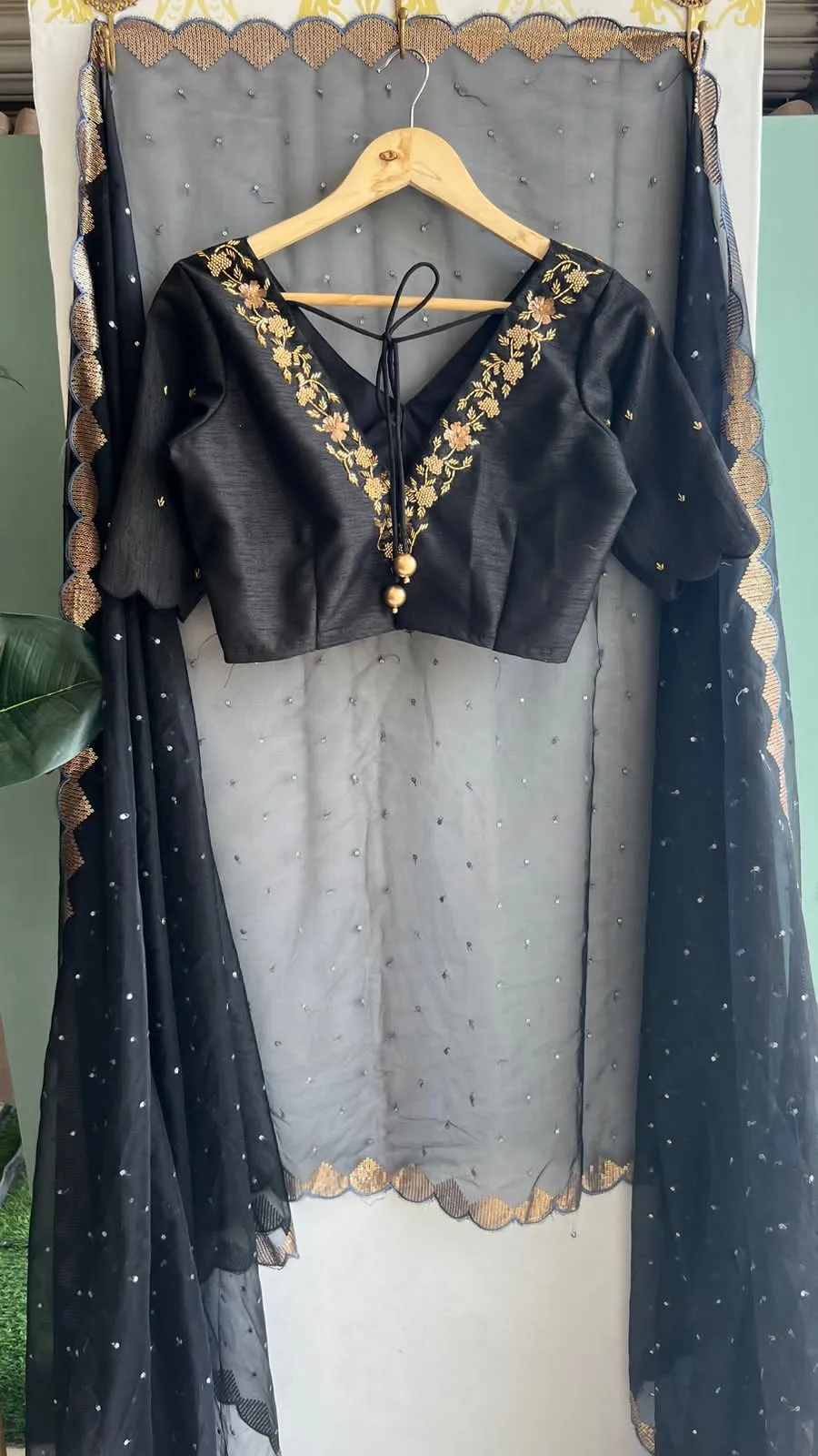 Black silk V neck hand worked blouse