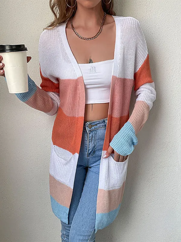 Casual Drop Shoulder Sleeve Striped Cardigan Sweater