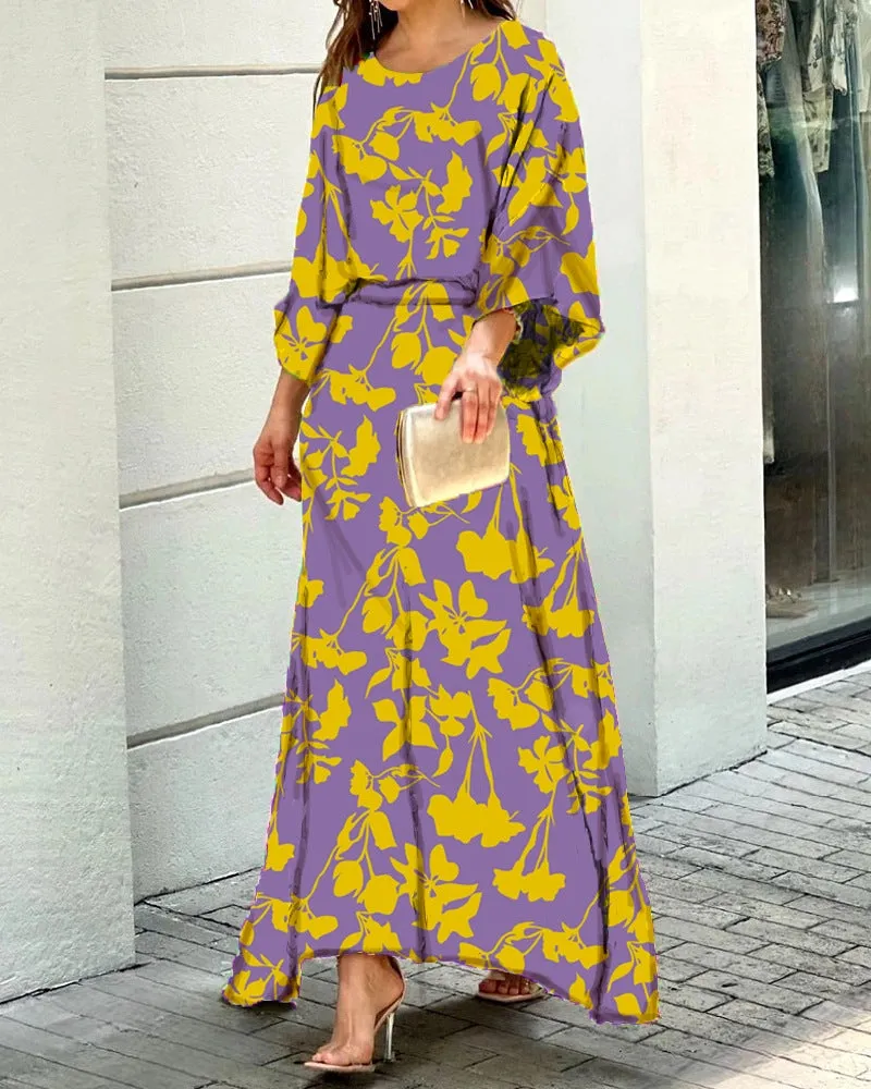Elegant Round Neck Print Loose Maxi Dress