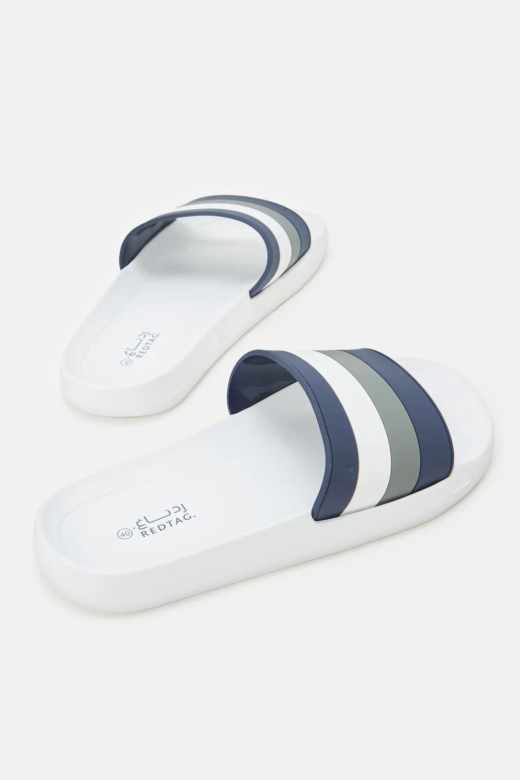 Men White Striped Slide