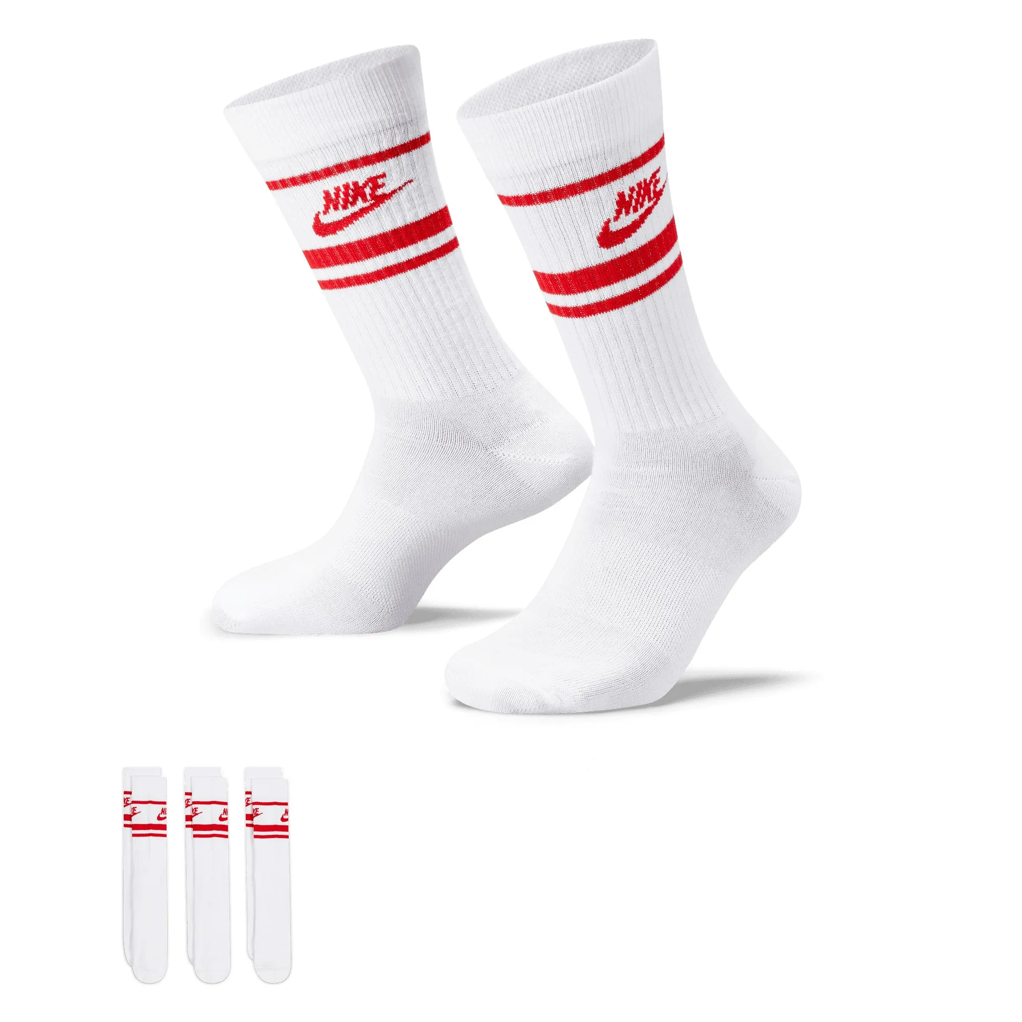 Nike SB Everyday Striped Essential Crew 3 pack Socks - White/University Red