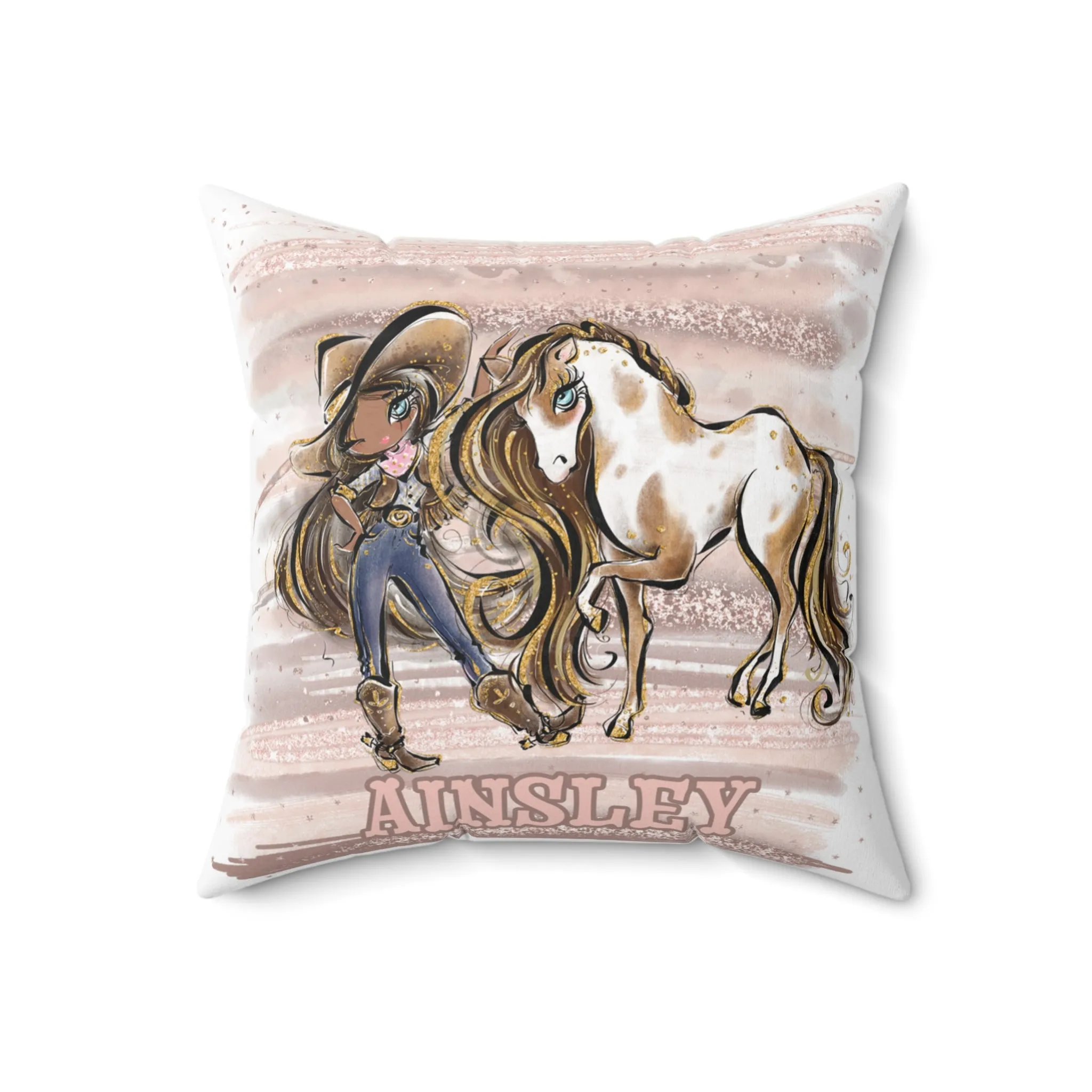 Personalised Cowgirl and Horse Cushion,  Brown Hair, Olive Skin, Blue Eyes, Polyester Square Cushion, Christmas cushion