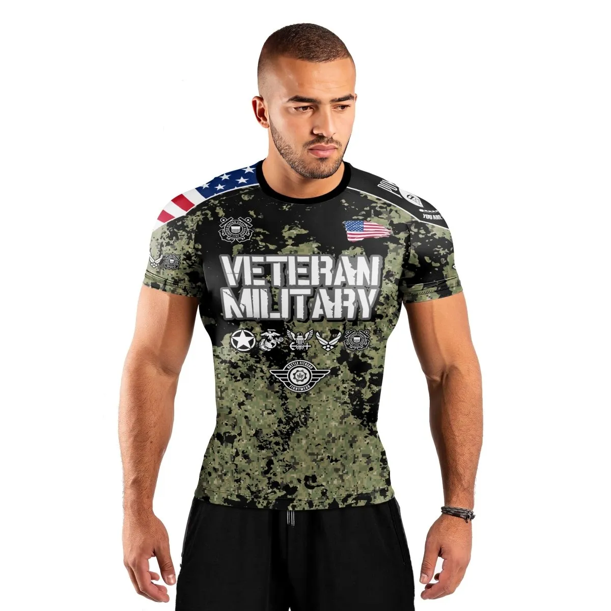 Personalized Veteran Coast Guard Camouflage Men's Short Sleeve Rash Guard