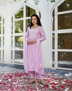 Pink embroided suit set with printed pants and dupatta