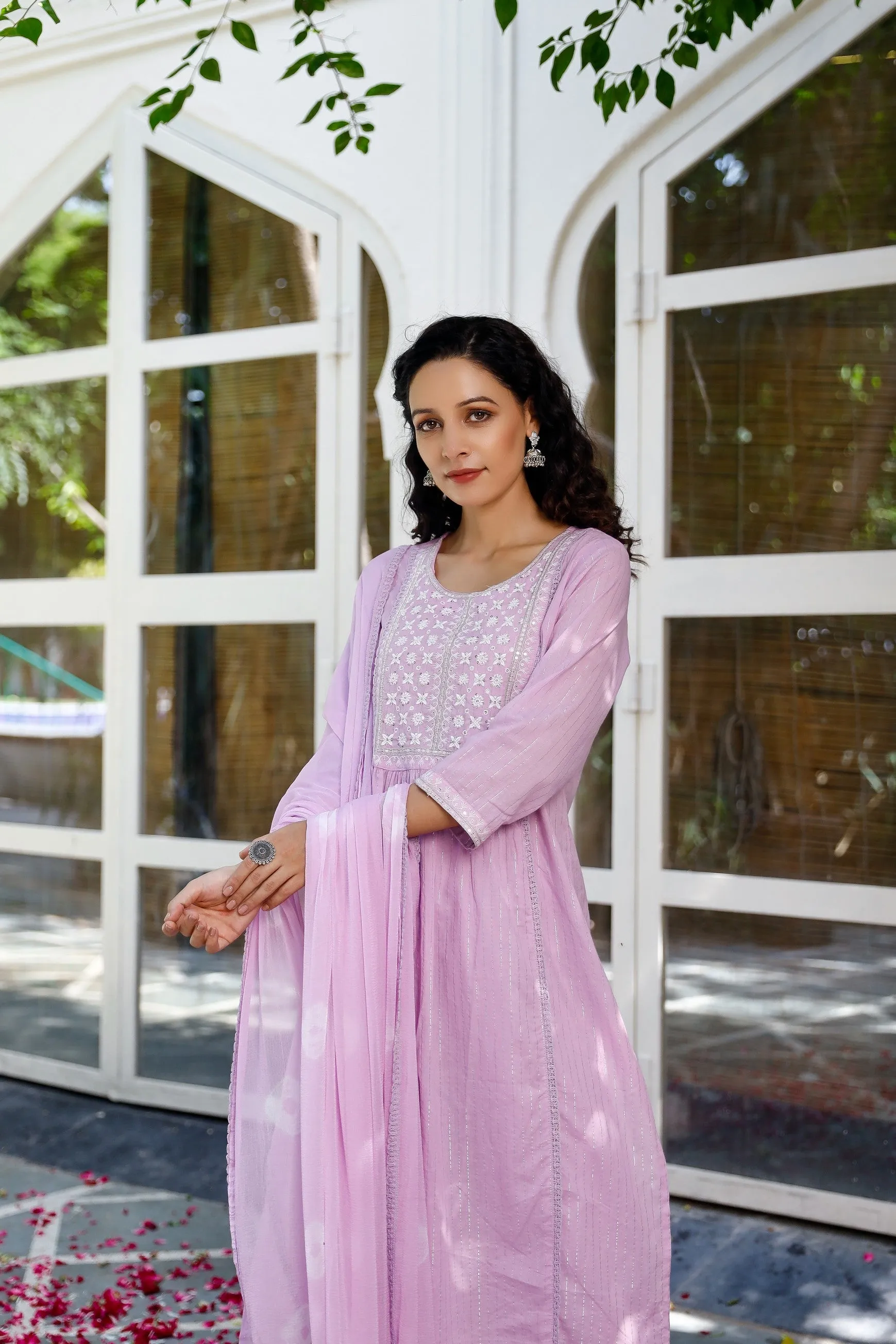 Pink embroided suit set with printed pants and dupatta