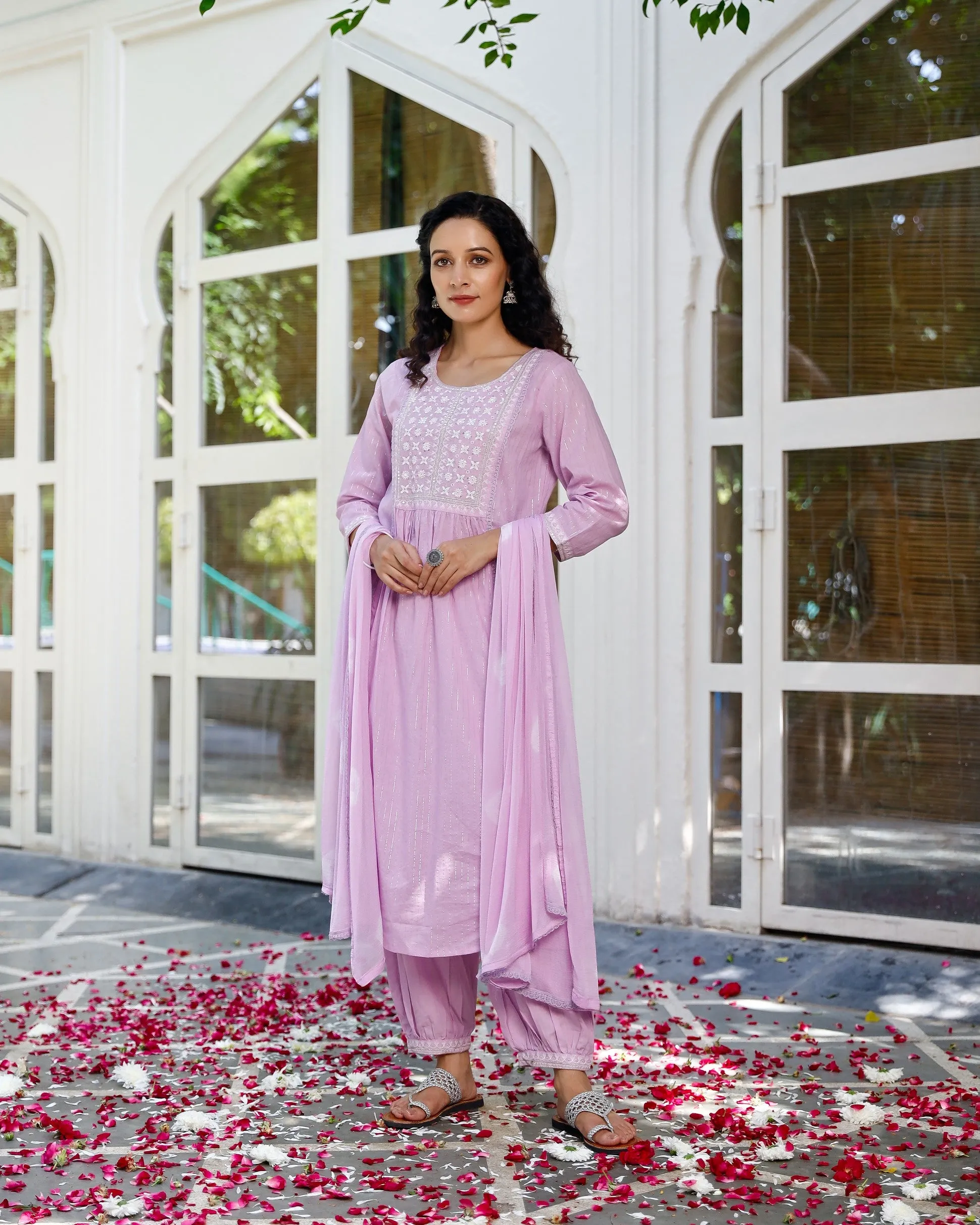 Pink embroided suit set with printed pants and dupatta
