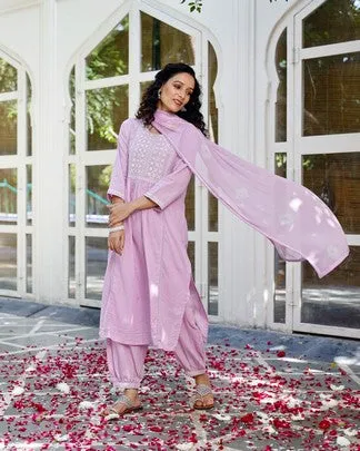 Pink embroided suit set with printed pants and dupatta