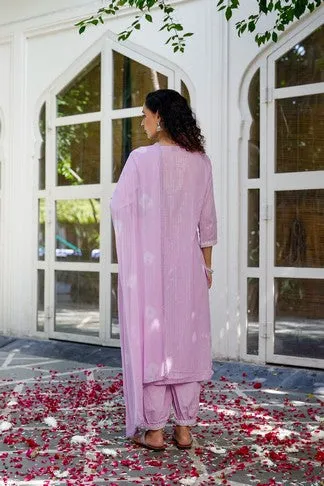 Pink embroided suit set with printed pants and dupatta
