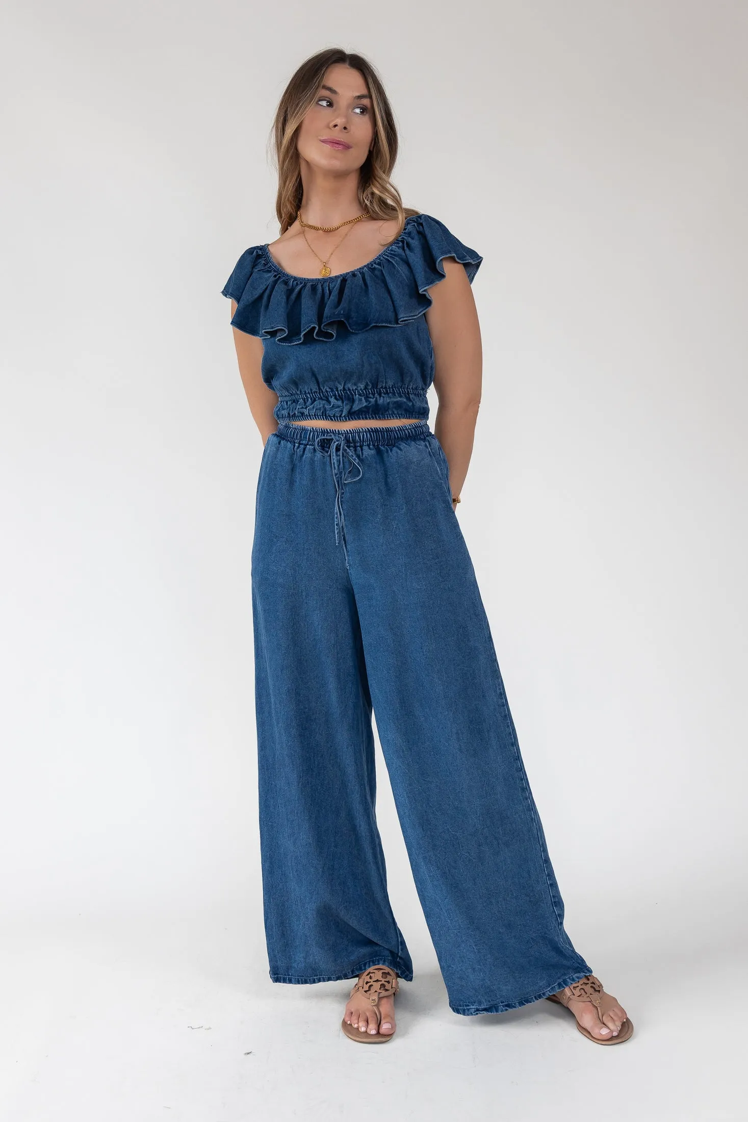 Riviera Wide-Leg Chambray Pant